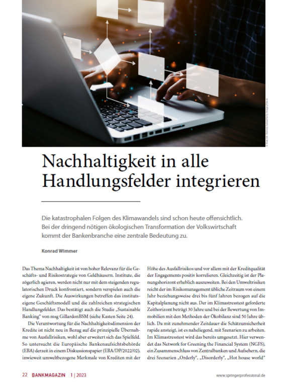 Fachartikel "Nachhaltigkeit in alle Handlungsfelder integrieren" im Bankmagazin 1/2023