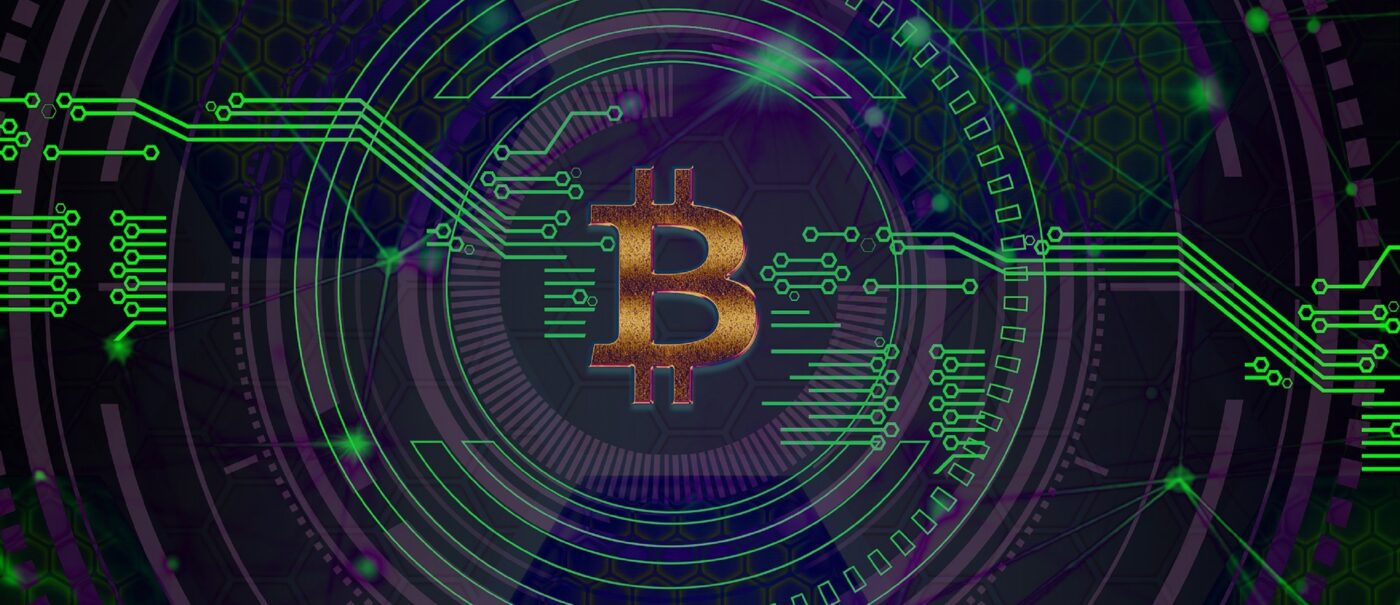 a bitcoin logo with green and blue lights